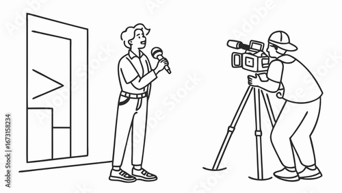 Journalist Interviewing and Cameraman Filming for Media Broadcast. News Reporting, Videography, Content Creation Line Art Illustration