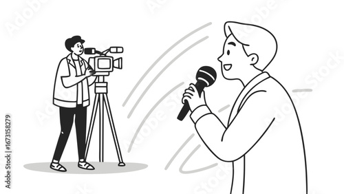 Journalist Reporting with Microphone and Cameraman Filming. Media Production, News Broadcast, Interview Concept.