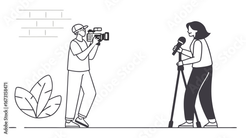 Cameraman filming woman with microphone. Media production, interview, or broadcast concept. Line art illustration.