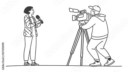 Broadcast Team: Reporter Interviewing, Cameraman Filming - Media Production Concept