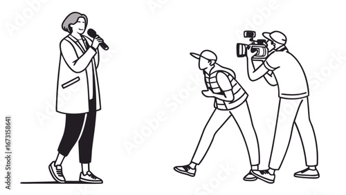 Speaker with microphone filmed by camera crew. Media production, interview, or live event broadcast illustration.