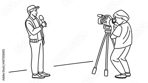 News Reporter Interviewing with Microphone and Cameraman Filming with Video Camera on Tripod - Line Art Illustration