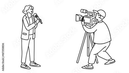 Journalist Interviewing with Microphone, Cameraman Filming. News Report, Live Broadcast, Media Production, Journalism Concept.