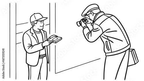 Photographer taking a picture of a man holding items, line art illustration