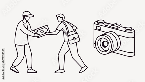 Photography business transaction. People exchanging payment or camera. Line art illustration of buying and selling photo equipment.