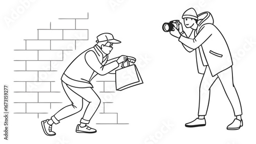 Photographer documenting masked thief fleeing with stolen goods by a brick wall, illustrating crime capture and surveillance