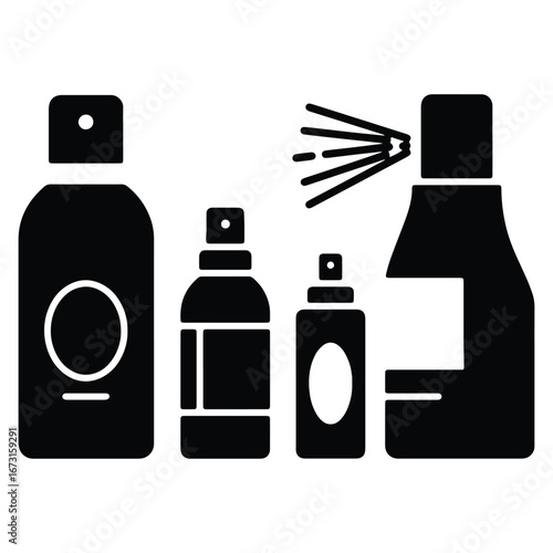 Set of Black Spray Bottles in Various Shapes Isolated on White Background for Hygiene and Personal Care Products