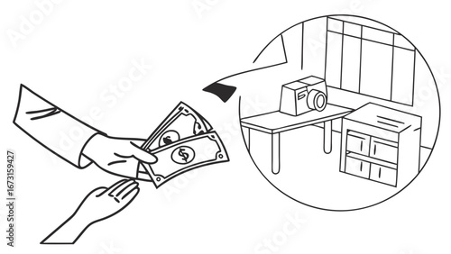 Cash transaction for camera purchase. Hands exchanging money for electronic device. Buying and selling goods and services concept.