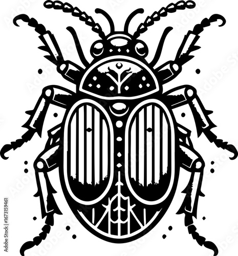 Detailed black and white drawing of a beetle with intricate patterns and segmented legs and antennae design