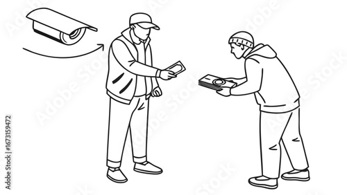 Street Vendor Transaction Line Art. Two people exchanging money for newspapers or magazines. Payment for goods concept.