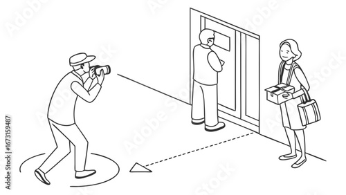 Paparazzi photographer with long lens camera captures person entering building, privacy and celebrity culture concept