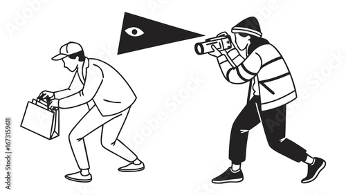 Surveillance and Privacy Concept. Observer with Camera Watches Person Sneaking with Bag, Spying and Monitoring Illustration.