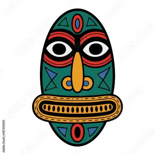 Flat vector illustration of African mask on a white background, ideal for tribal, cultural, ethnic, and African art inspired design themes.