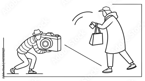 Paparazzi photographer capturing person with shopping bags. Candid street photography, privacy concept. Line art.