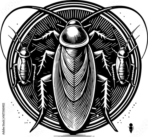 Three cockroaches in a circular frame with detailed line work and stylized design in black and white art
