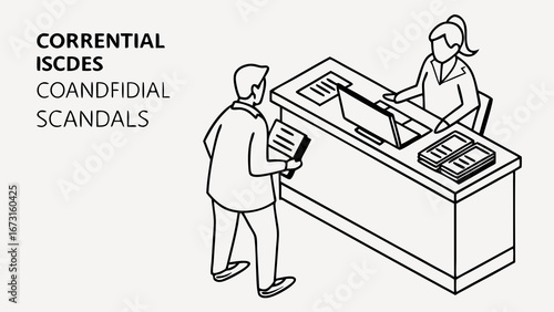 Business interaction with confidential documents and cash stacks, hinting at potential financial scandal. Line art illustration.
