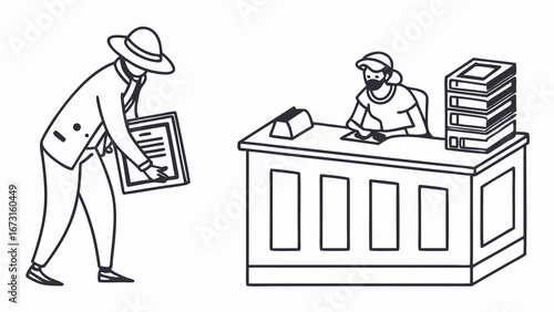 Man in hat submitting document to administrator at desk. Office work, bureaucracy, official interaction line art.