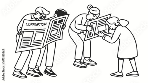 People reading newspapers with a headline about corruption. Concept of news, information, and social issues in line art style.