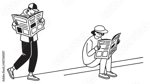 Line art illustration of people reading newspapers. Daily news, information consumption, and communication concept in a minimalist black and white ...