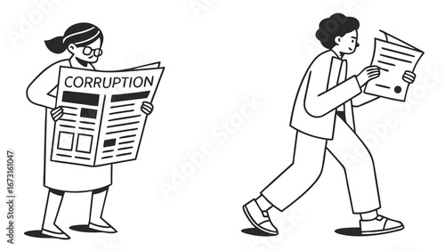People reading 'CORRUPTION' news and reviewing official documents. Social and legal issues concept.