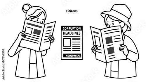 Citizens reading corruption headlines in newspapers, symbolizing public awareness of societal issues and news consumption.