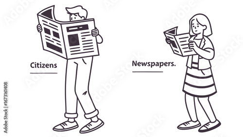 Simple line art of people reading newspapers, representing news, information, and citizen engagement