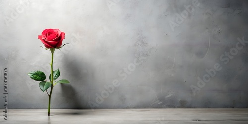 Single red rose elegantly posed against a textured gray backdrop with ample copy space