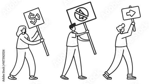 Activists demonstrating with picket signs, demanding change for economic, social, and free speech issues