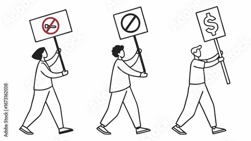 People protesting with diverse signs. Activists advocating for social, health, and economic change. Group marching for various causes.