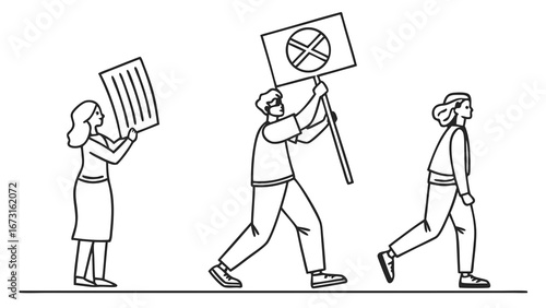 Minimalist line art illustration of people marching in protest with signs. Activists demonstrating for social change.