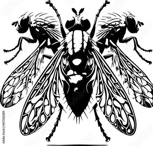 Three detailed black and white flies with intricate wing patterns arranged symmetrically on a white background