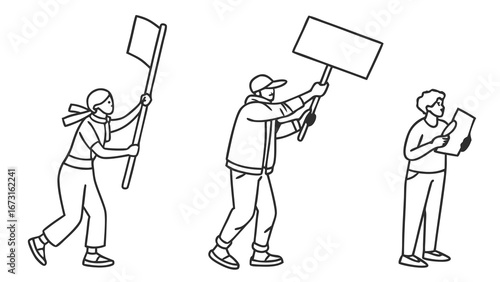 Line Art Protesters & Activists Holding Blank Signs, Flags, and Documents for Demonstration