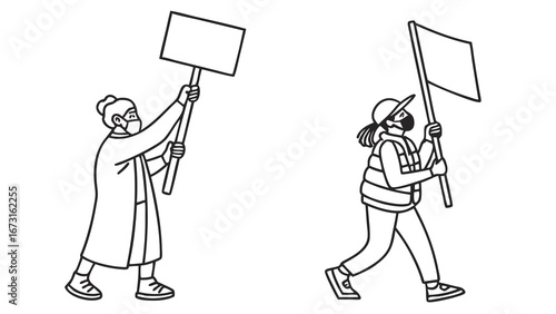 Line art illustration of two masked people holding blank protest signs, marching. Social activism, public health awareness, protest concept.