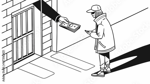 Illustration of a person receiving cash from a hidden hand through a barred opening, depicting an informal money transaction.