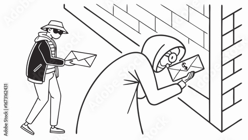 Suspicious figures exchange secret envelopes, covert communication, clandestine meeting, black and white illustration.