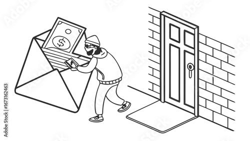 Financial fraud concept: Thief stealing cash from envelope. Mail theft, scam, or illicit transaction. Isometric line art illustration.
