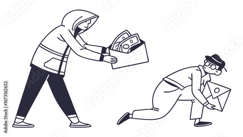 Handshake with Money in Envelope Illustration. Financial transaction, payment, deal, or bribe concept in black and white line art.