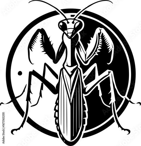 Illustration of a praying mantis with detailed legs and claws inside a black and white circle design
