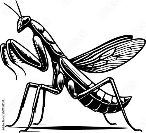 Detailed monochrome illustration of a praying mantis with wings spread and poised stance isolated
