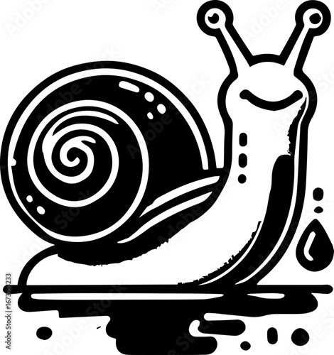 Illustration of a snail with a swirling shell and antennae on a black and white background design style