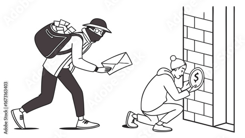 Handshake with Money in Envelope Illustration. Financial transaction, payment, deal, or bribe concept in black and white line art.