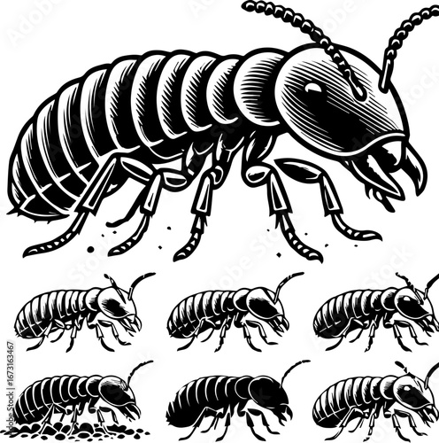 Illustration of a large termite and several smaller termites in black and white vector format style art
