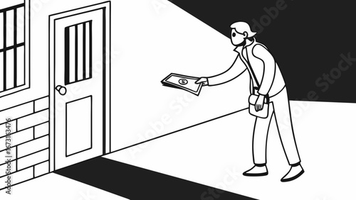 Handshake with Money in Envelope Illustration. Financial transaction, payment, deal, or bribe concept in black and white line art.