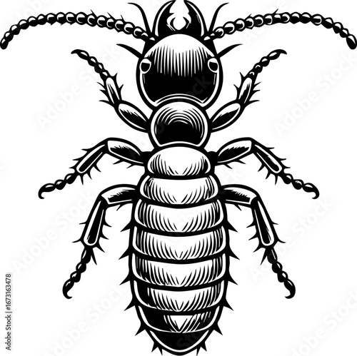 Illustration of a detailed termite with segmented body and long antennae in black and white style art