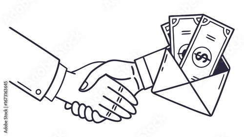 Bribery Handshake with Hidden Money Envelope. Concept of Corruption, Illegal Payments, and Secret Financial Deals.