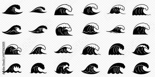 A collection of twenty-four black and white wave illustrations in varying sizes and shapes, arranged in a grid pattern.