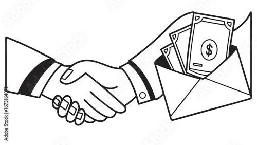 Handshake with Money in Envelope Illustration. Financial transaction, payment, deal, or bribe concept in black and white line art.