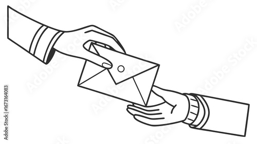 Handshake with Money in Envelope Illustration. Financial transaction, payment, deal, or bribe concept in black and white line art.