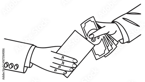 Handshake with Money in Envelope Illustration. Financial transaction, payment, deal, or bribe concept in black and white line art.