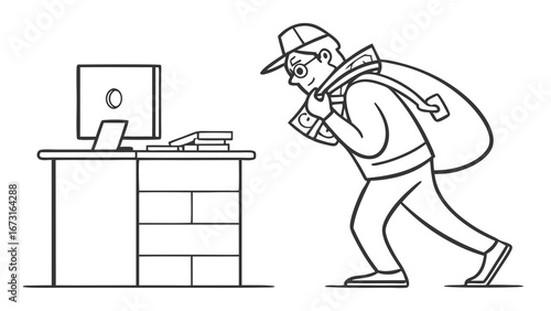 Cybercrime concept: Thief stealing money from office computer. Data breach, financial fraud, and digital security illustration.